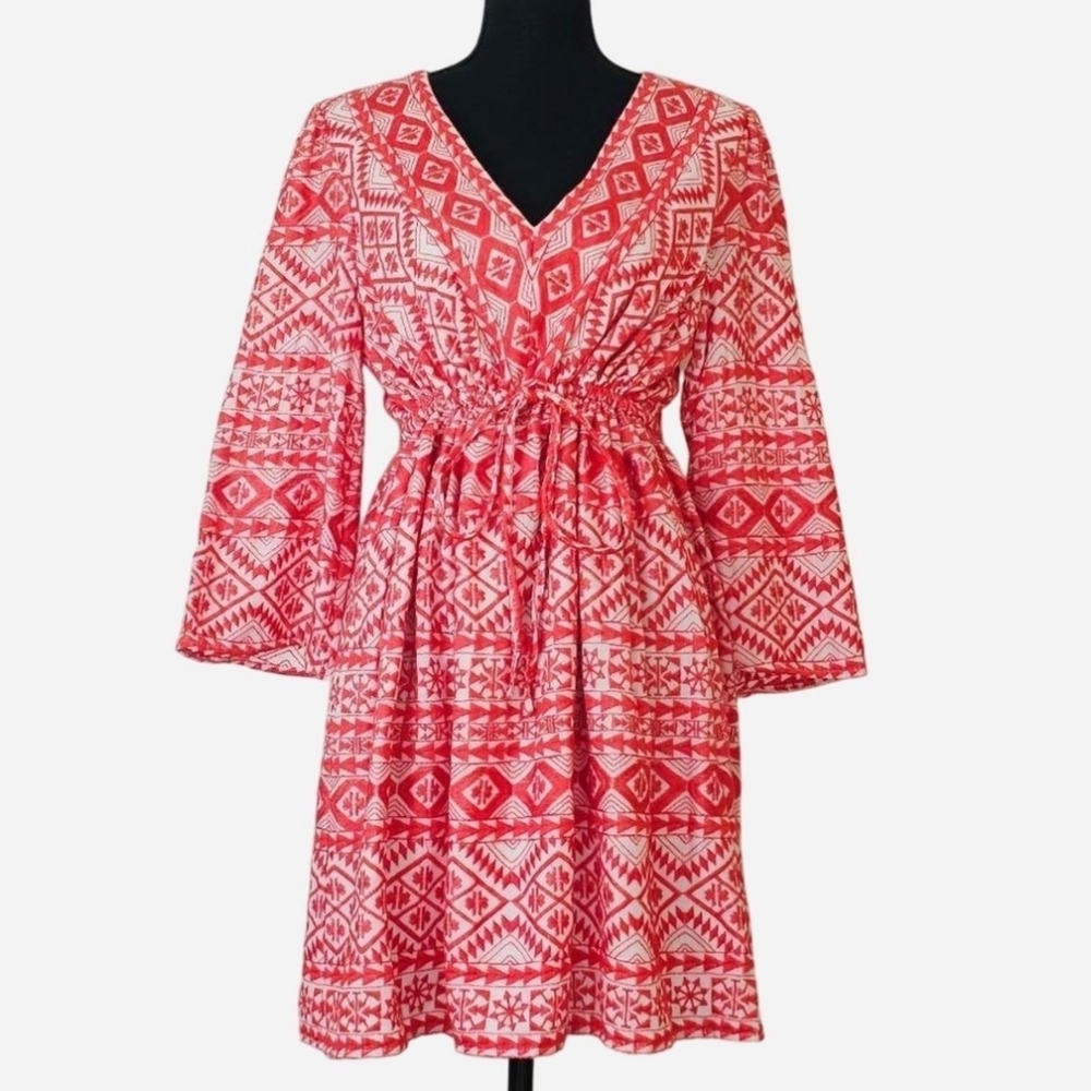 BCBGMaxAzria Women's Size‎ M "Jacky" Red and White Aztec Embroidered Boho Dress